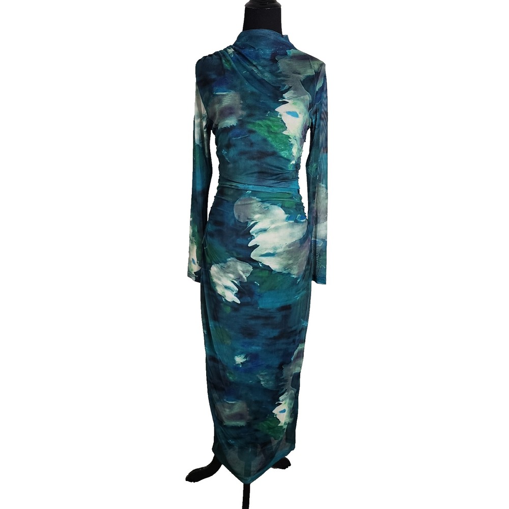 Women's Green & Teal Long Sleeve Maxi Bodycon Dress Size S Sheer W/Lining Boho